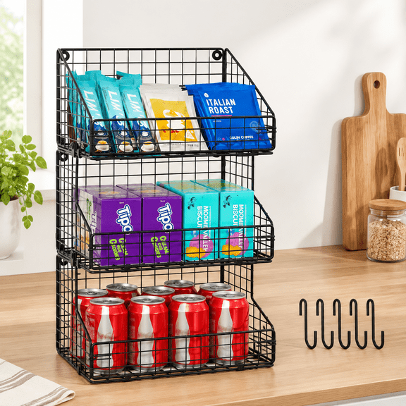 3-Tier Stackable Detachable Black Wire Snack Organizer with 5 Hooks
