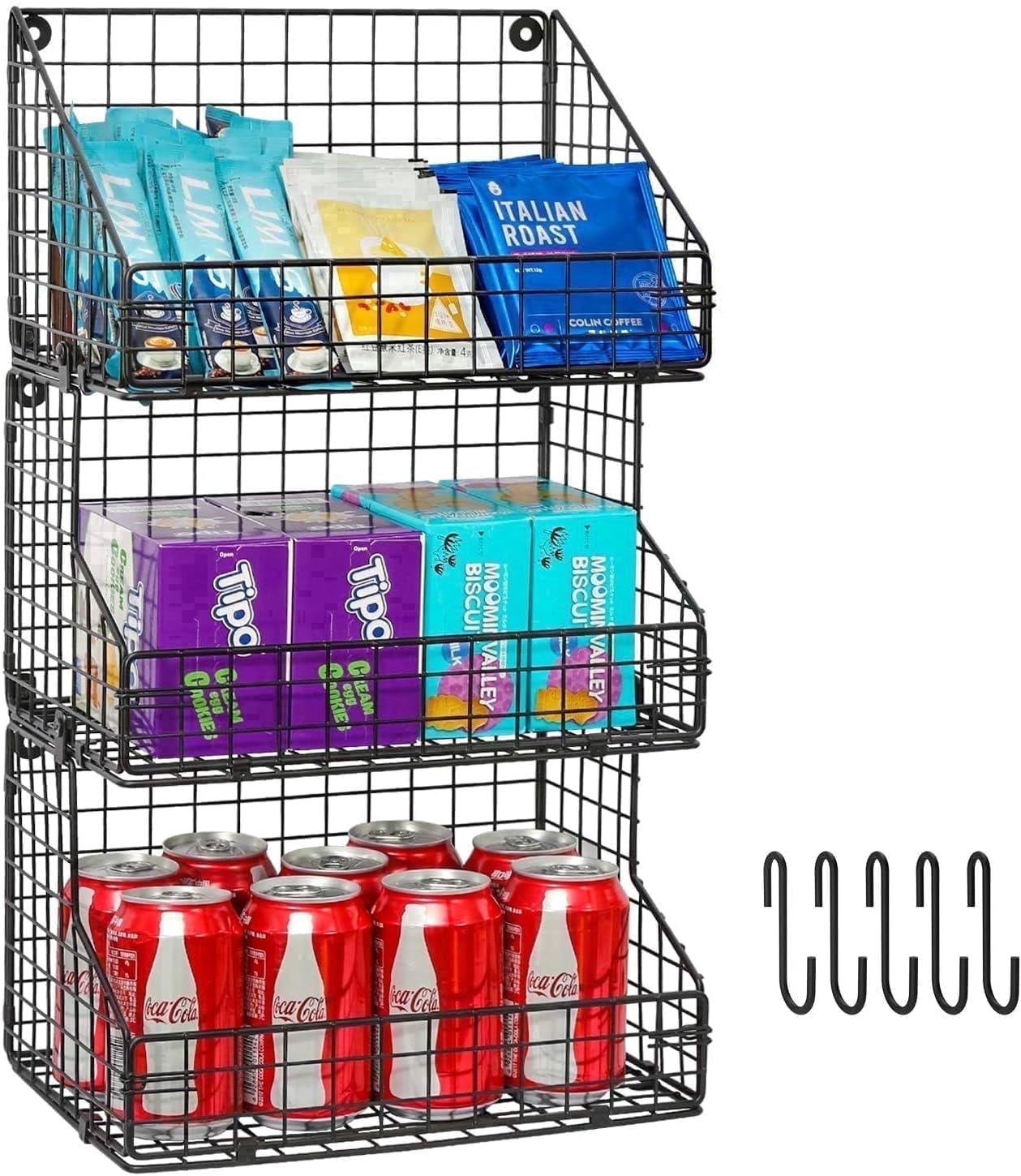 X-COSRACK 3-Tier Stackable Snack Organizer, Foldable Metal Wire Storage Baskets for Kitchen Pantry, Wall/Countertop Rack, 11.8"x7.8"x22"