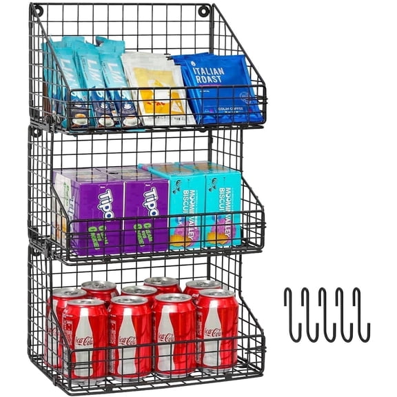 X-COSRACK 3-Tier Stackable Snack Organizer, Foldable Metal Wire Storage Baskets for Kitchen Pantry, Wall/Countertop Rack, 11.8"x7.8"x22"