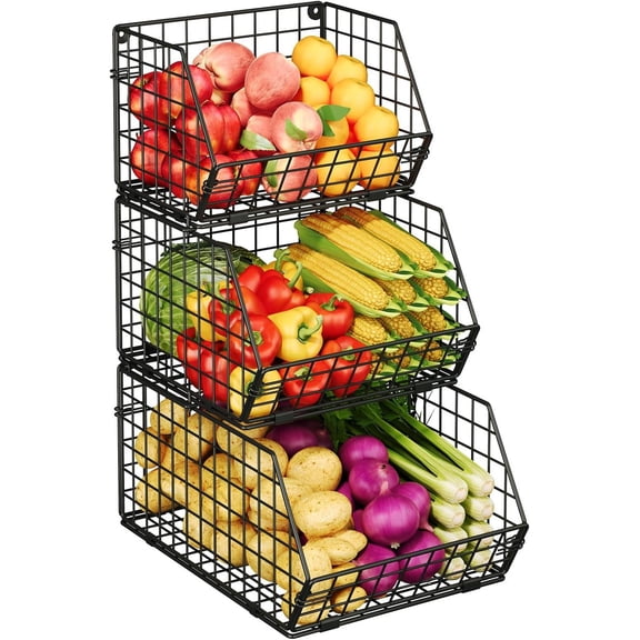 3-Tier Stackable Fruit Basket for Counter, Potato and Onion Storage Bin - Vegetable Basket for Kitchen, Wire Basket for Pantry Organizers- Metal Baskets for Snack Produce Can