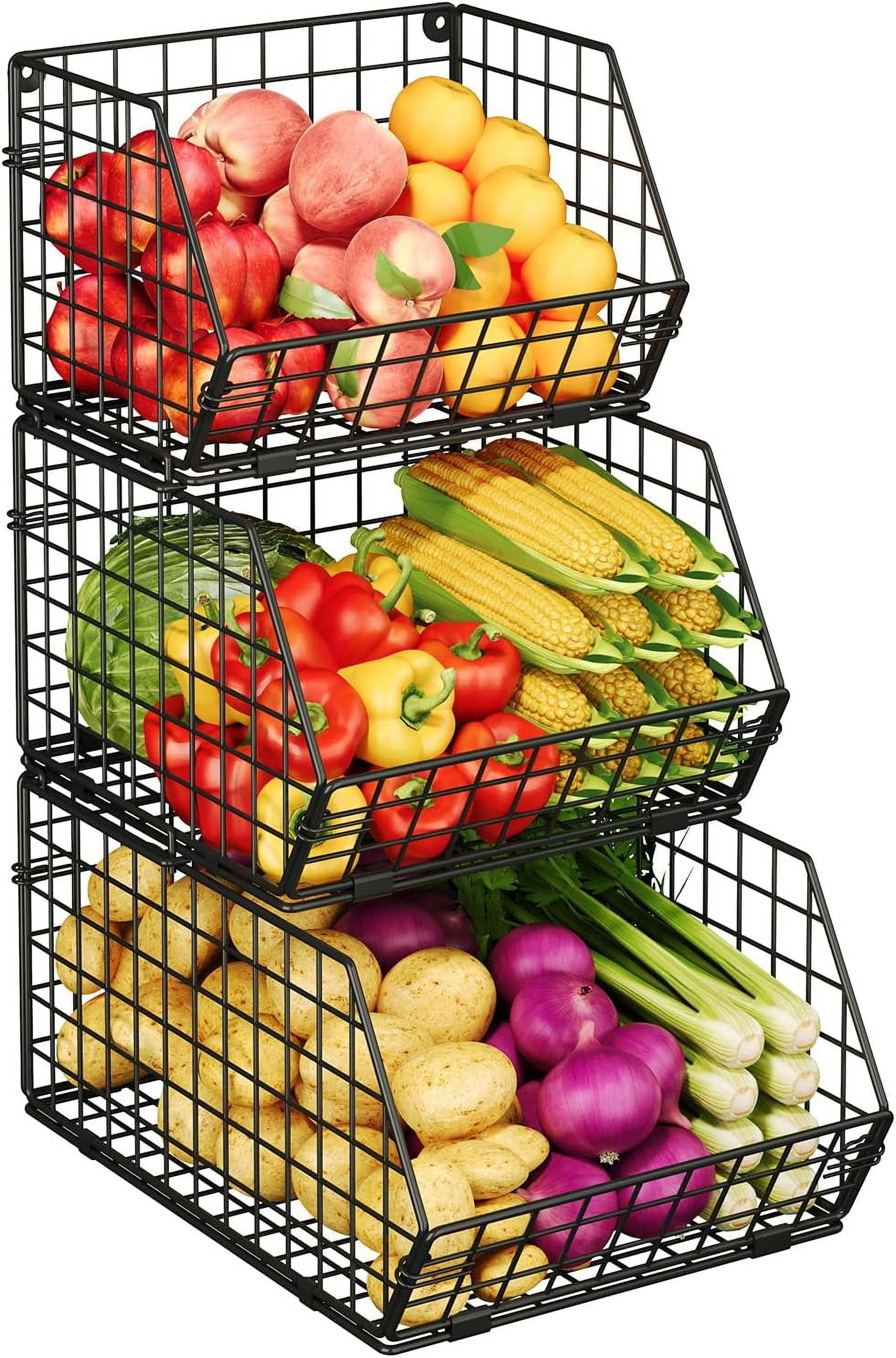 3-Tier Stackable Fruit Basket for Counter, Potato and Onion Storage Bin - Vegetable Basket for Kitchen, Wire Basket for Pantry Organizers- Metal Baskets for Snack Produce Can