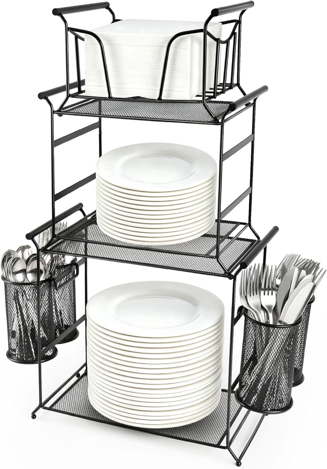 3-Tier Plate Organizer, 7-Piece Set Stackable Paper Plate Organizer, Detachable Mesh Buffet Caddy and Silverware Organizer