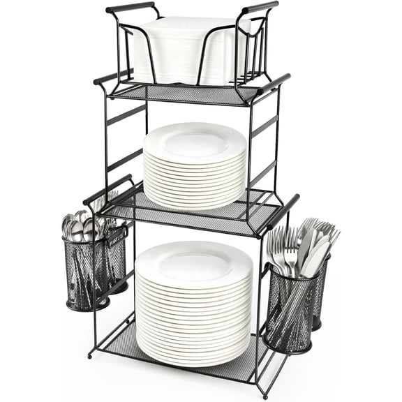 3-Tier Plate Organizer, 7-Piece Set Stackable Paper Plate Organizer, Detachable Mesh Buffet Caddy and Silverware Organizer