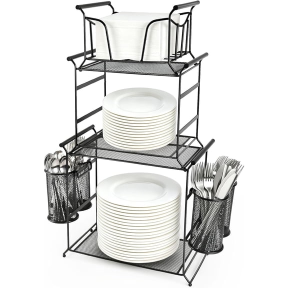 3-Tier Buffet Caddy, 7-Piece Set Stackable Paper Plate and Utensil Holder for Party, Detachable Mesh Silverware Organizer for Countertop