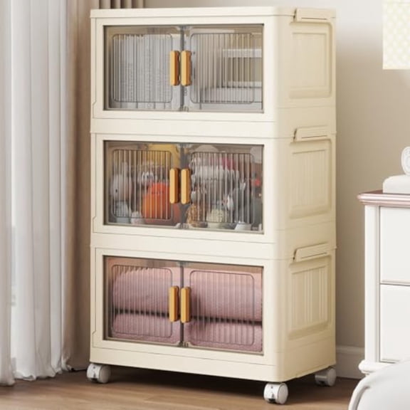 3 Tier Stackable Plastic Storage Bins with Lids 48QT Collapsible Closet Organizers and Storage with Wheels for Living Room Office Dorm