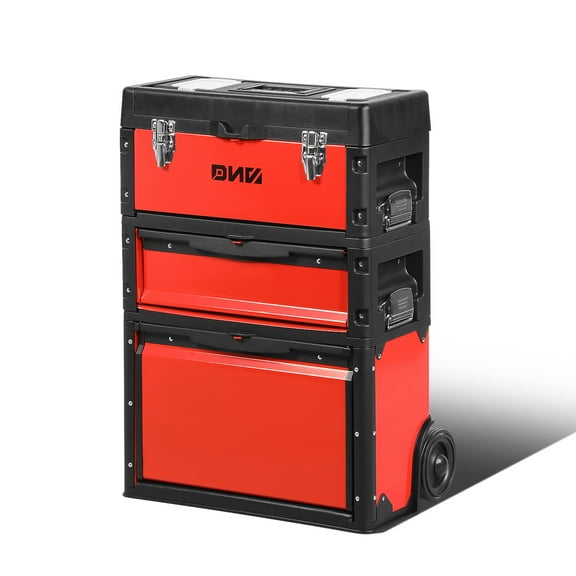 ‎‎3-Tier Stackable Separate Hand Case Tool Boxes Trolley, 3-in-1 Storage Compartments, 19.5" x 12" x 28.5", Red