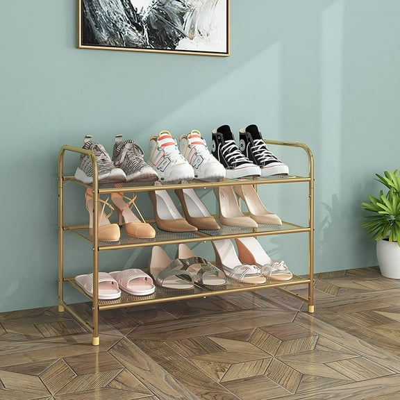 3-Tier Stackable Shoe Rack, Expandable & Adjustable Metal Mesh Shoe Storage Organizer in Gold