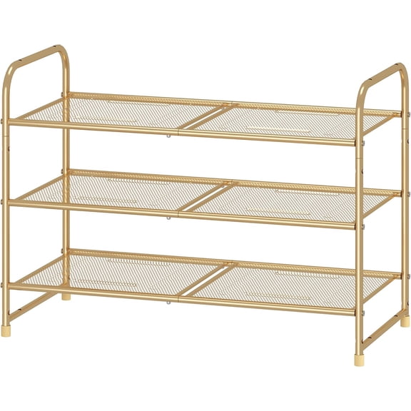 3-Tier Stackable Shoe Rack, Expandable & Adjustable Shoe Shelf Storage Organizer, Metal Mesh, Gold