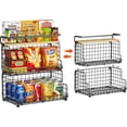 thumbnail image 1 of 3-Tier Stackable Snack Organizer with Pine Wood Top-Trapezoid Metal Wire Basket, Countertop & Wall Mounted Snack Holder for Kitchen Pantry Cabinet, Muti-functional Food Fruit Stoarge, Black, 1 of 18