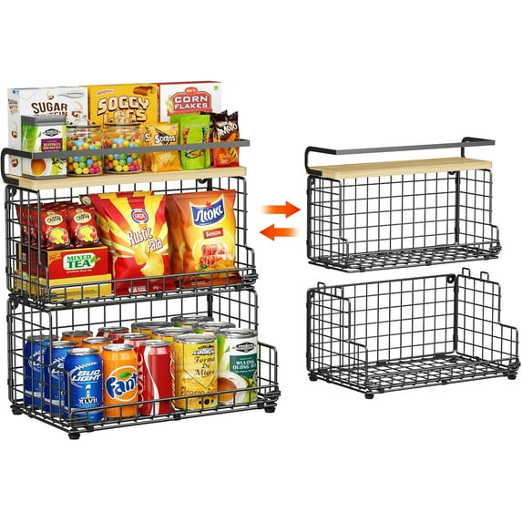 3-Tier Stackable Snack Organizer with Pine Wood Top-Trapezoid Metal Wire Basket, Countertop & Wall Mounted Snack Holder for Kitchen Pantry Cabinet, Muti-functional Food Fruit Stoarge, Black