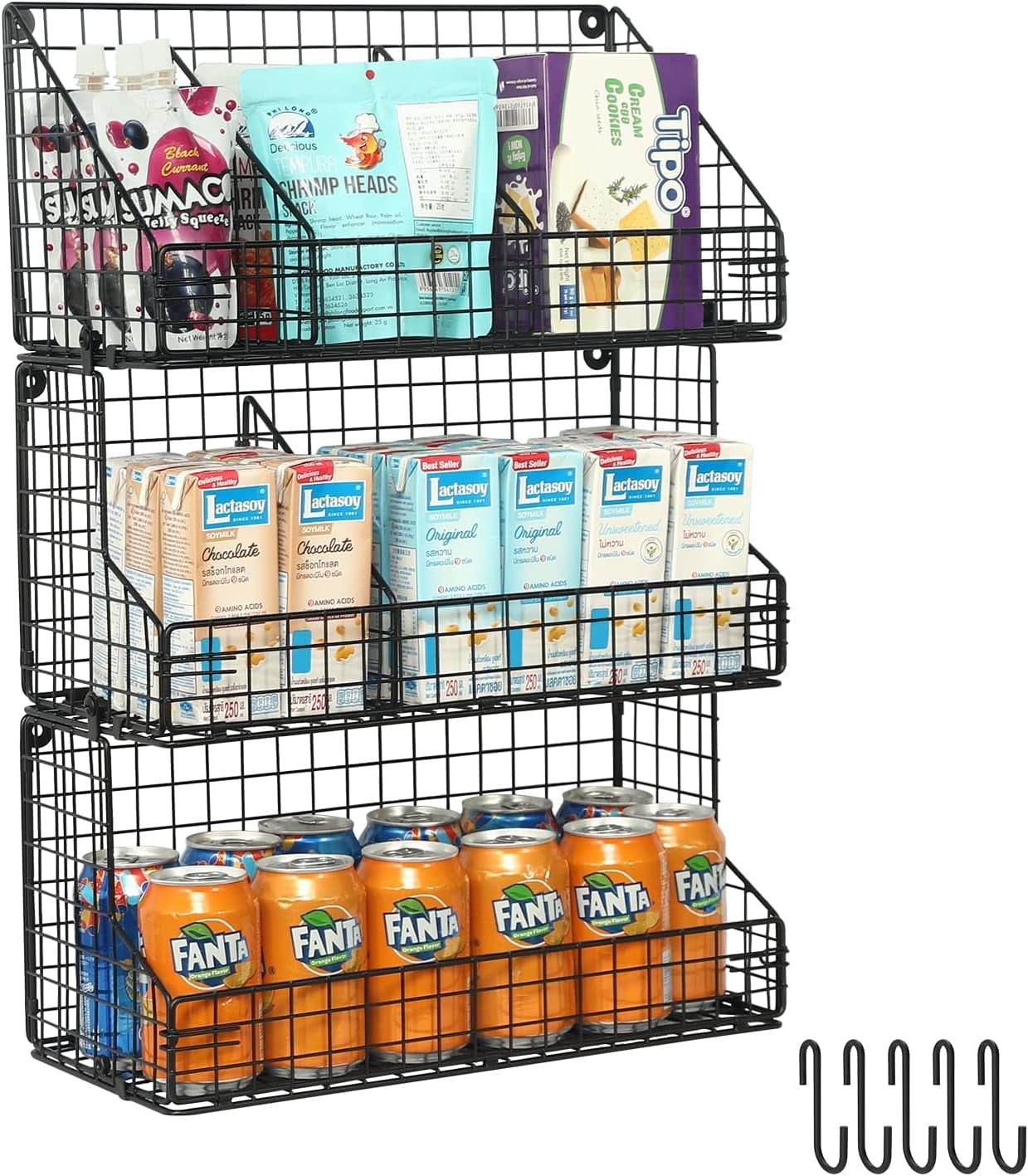 3 Tier Stackable Snack Organizers with 3 Divinder 5 Hooks Metal Wire
