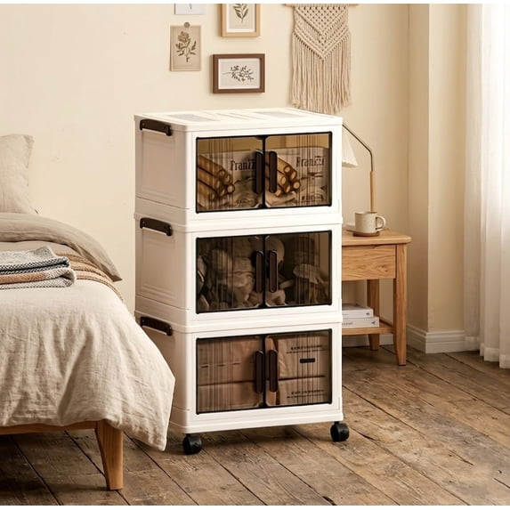 3-Tier Stackable Storage Bins with Lids, Collapsible Rolling Closet Organizer with Wheels, Plastic Storage Cabinet Closet Organizer for Bedroom Living Room