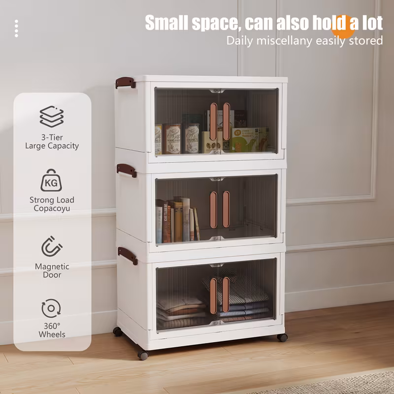 3 Tier Stackable Storage Box with Lid and Wheels, Foldable Collapsible Organizer, Clothing Storage Cabinet for Home Office, Living Room