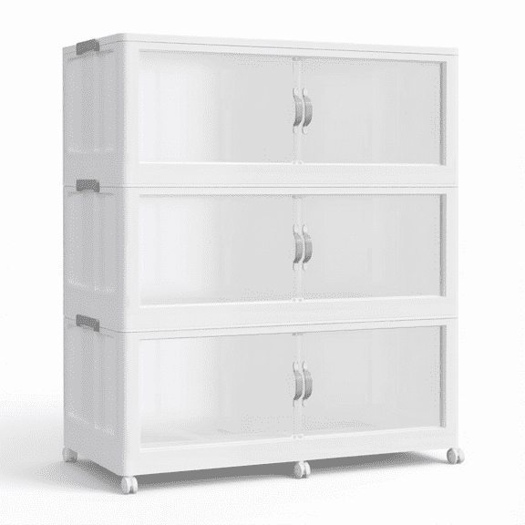 3 Tier Stackable Storage Cabinet with Clear Doors and Wheels, Collapsible Plastic Organizer Bins for Garage Kitchen Closet, White