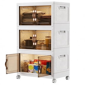 3-Tier Stackable Rolling Storage Cabinet, Plastic Organizer with Clear Doors, White, 13.78" W x 21.65" D x 37.4" H