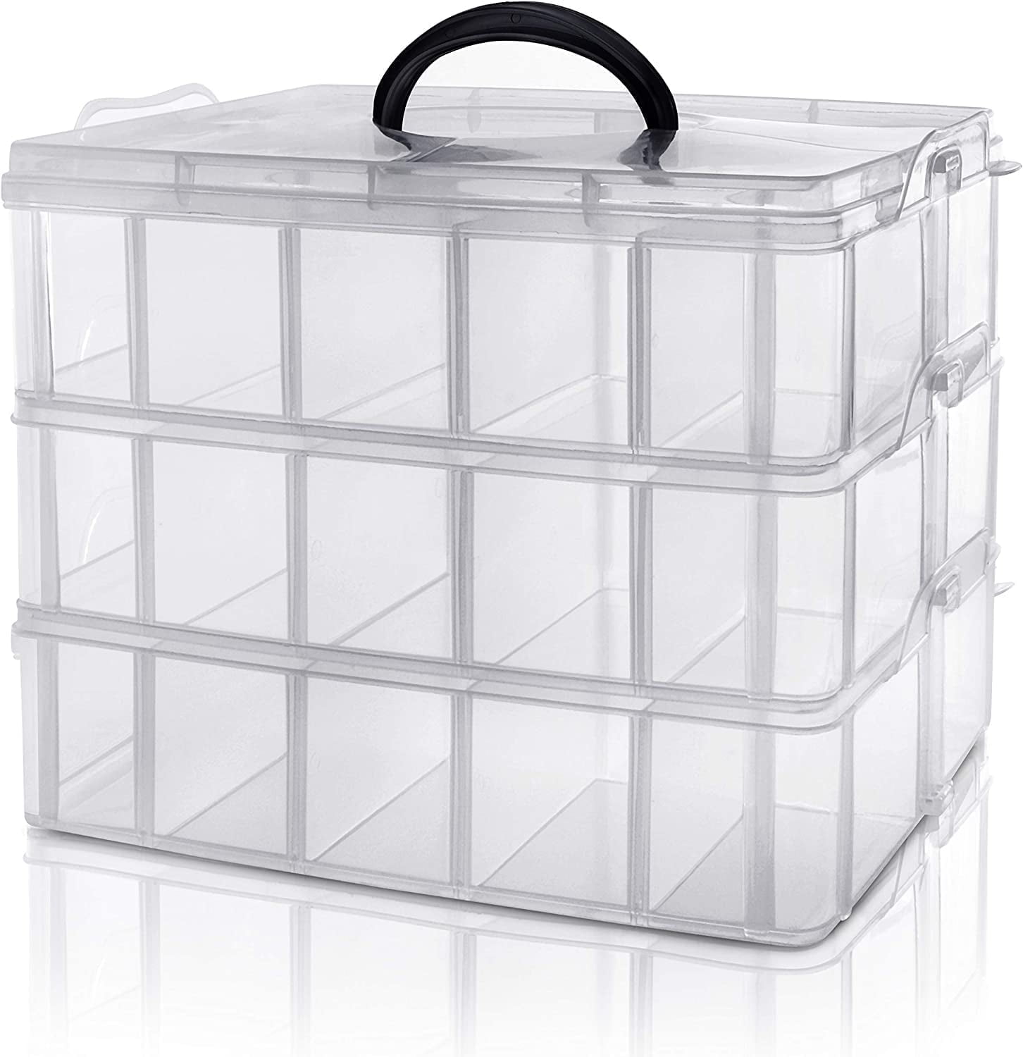 3-Tier Stackable Storage Container Box with 30 Adjustable Compartments, Plastic Organizer Box,Snap-lock Tray Container Box for Fuse Beads, Jewelry,Tool,Kids Toy,Clear