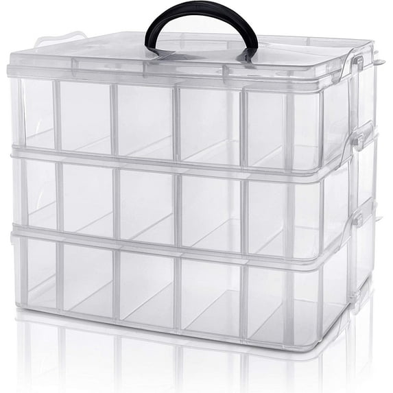 3-Tier Stackable Storage Container Box with 30 Adjustable Compartments, Plastic Organizer Box,Snap-lock Tray Container Box for Fuse Beads, Jewelry,Tool,Kids Toy,Clear