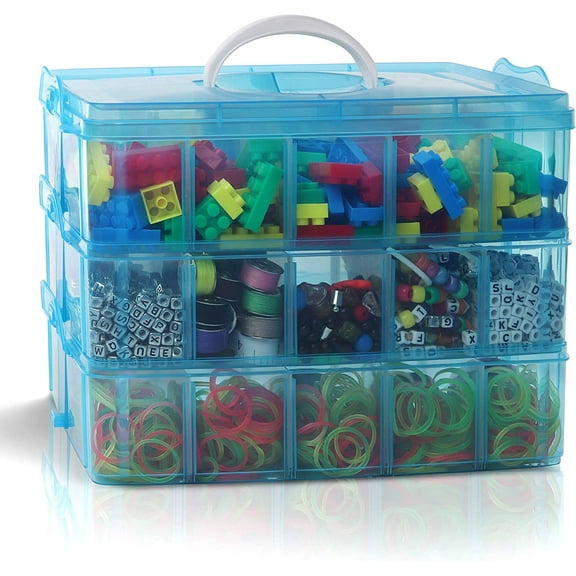 3-Tier Stackable Storage Container Box, 9.4"x6.5"x7.2" Crafts Storage Box with 30 Adjustable Compartments, Plastic Organizer Box for Arts and Crafts, Fuse Beads,Kids Toy, Jewelry,Blue