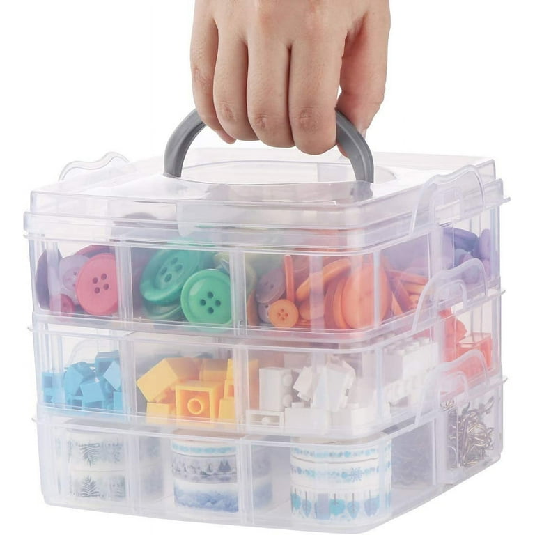 3-Tier Transparent Adjustable Stackable Compartment Slot Plastic Storage Box with 18 Adjustable Compartments, Snap-Lock Clear Container Box for