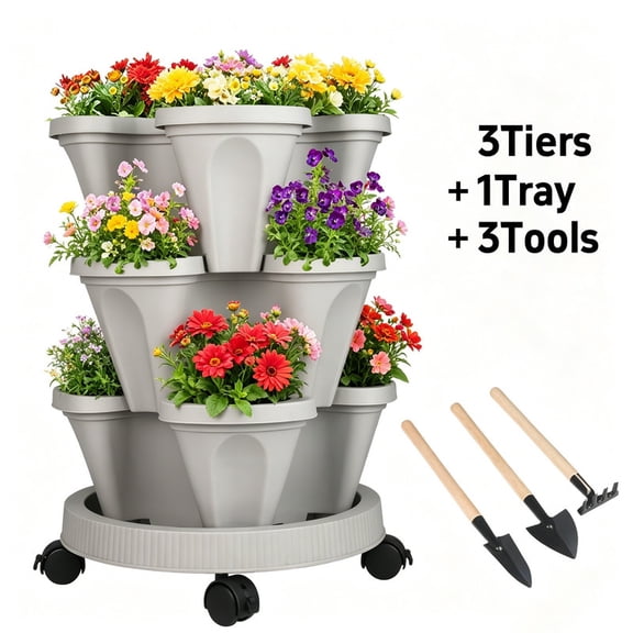 3‑Tier Stackable Vertical Planter with Wheels & Tools - Space‑Saving for Patio/Balcony, Grow Herbs, Strawberries & Veggies Indoors or Outdoors, Agreeable Gray