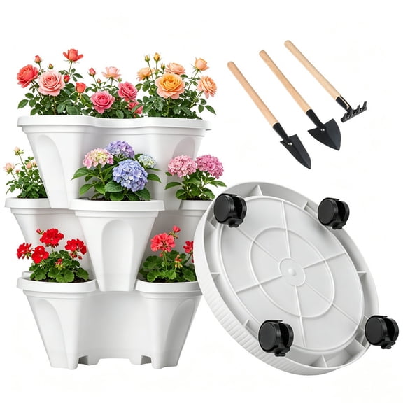 3‑Tier Stackable Vertical Planter with Wheels & Tools - Space‑Saving for Patio/Balcony, Grow Herbs, Strawberries & Veggies Indoors or Outdoors, White