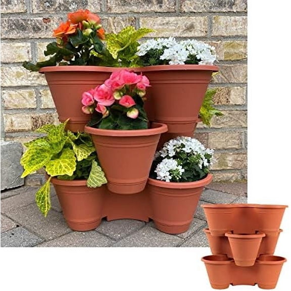 3 Tier Stackable Vertical Plastic Planter Flower Garden Herb Planter Indoor/Outdoor Use, Terracotta Clay Color