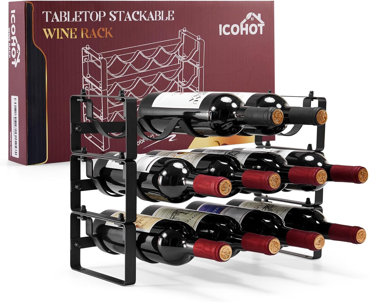 Countertop 3 Tier Stackable Wine Rack 12 Bottle Wine Holder Stand For