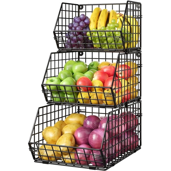 3-Tier Stackable Wire Baskets, Fruit and Vegetable Storage for Counter | Wall-Mount Potato and Onion Storage Bin, Metal Produce Basket, Kitchen Pantry Organizer and Storage on Cabinet for Snack/Can