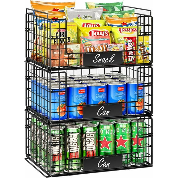 3 Pack XXL Stackable Wire Baskets with Handles for Pantry Storage and Organization, Fruit and Vegetable Basket with Name Plates, Metal Storage Bins for Snack Can Fruit Veggies