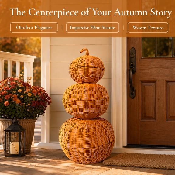 3-Tier Stackable Woven Pumpkin Set - Handwoven Rustic Rattan Fall Porch Decor, Detachable Boho Autumn Harvest Centerpiece for Front Door & Entryway, 28", Orange