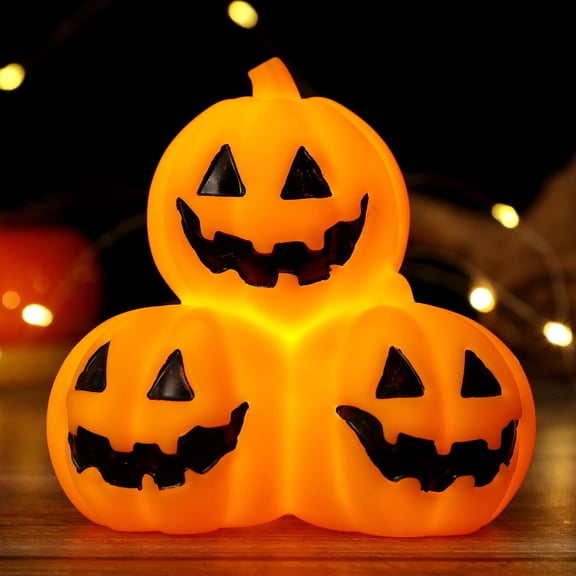 3 Tier Stacked Halloween Pumpkin Lantern with LED Bulbs Lights, Lighted Plastic Jack O Lantern Decor for Indoor Front Door Porch Table Yard Outdoor Display Decoration