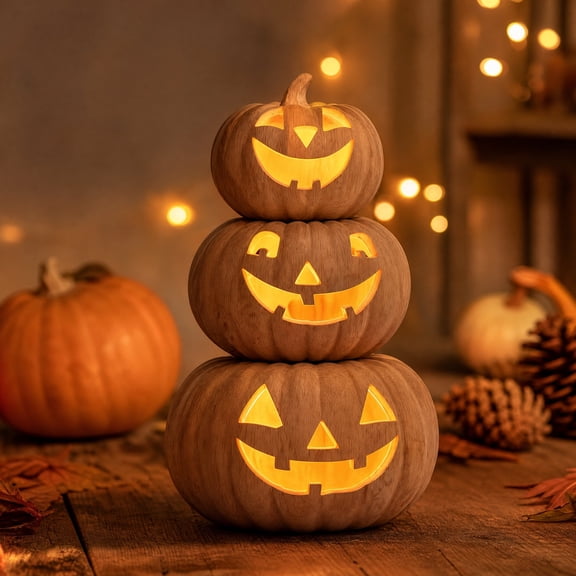 3 Tier Stacked Wooden Pumpkin Decor, Hollow Carved Pumpkin Tower Lighted Centerpiece For Halloween Fall Table Mantel