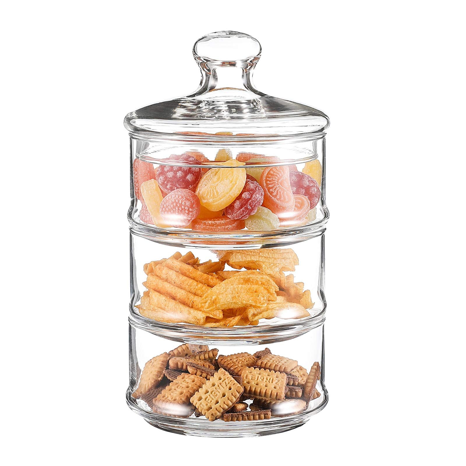 Stackable Storage Jar Glass Storage Container with Lid 3 Tier Glass  Stacking Apothecary Jar 3 Layer Glass Food Jar for Snack Pantry Shelf Wood  Lid 