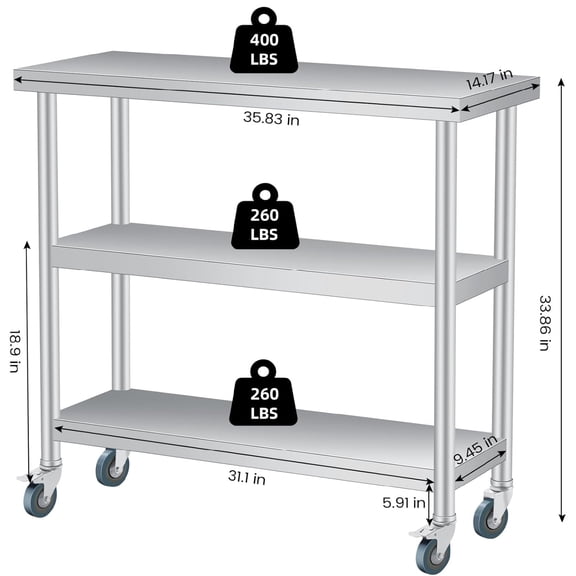 3-Tier Stainless Steel Commercial Worktable with Wheels, 18"×36"×34" Heavy-Duty Kitchen Prep Station & Storage Table, Adjustable Leveling Feet, Multi-Use for BBQ, Kitchen, Home, Garage