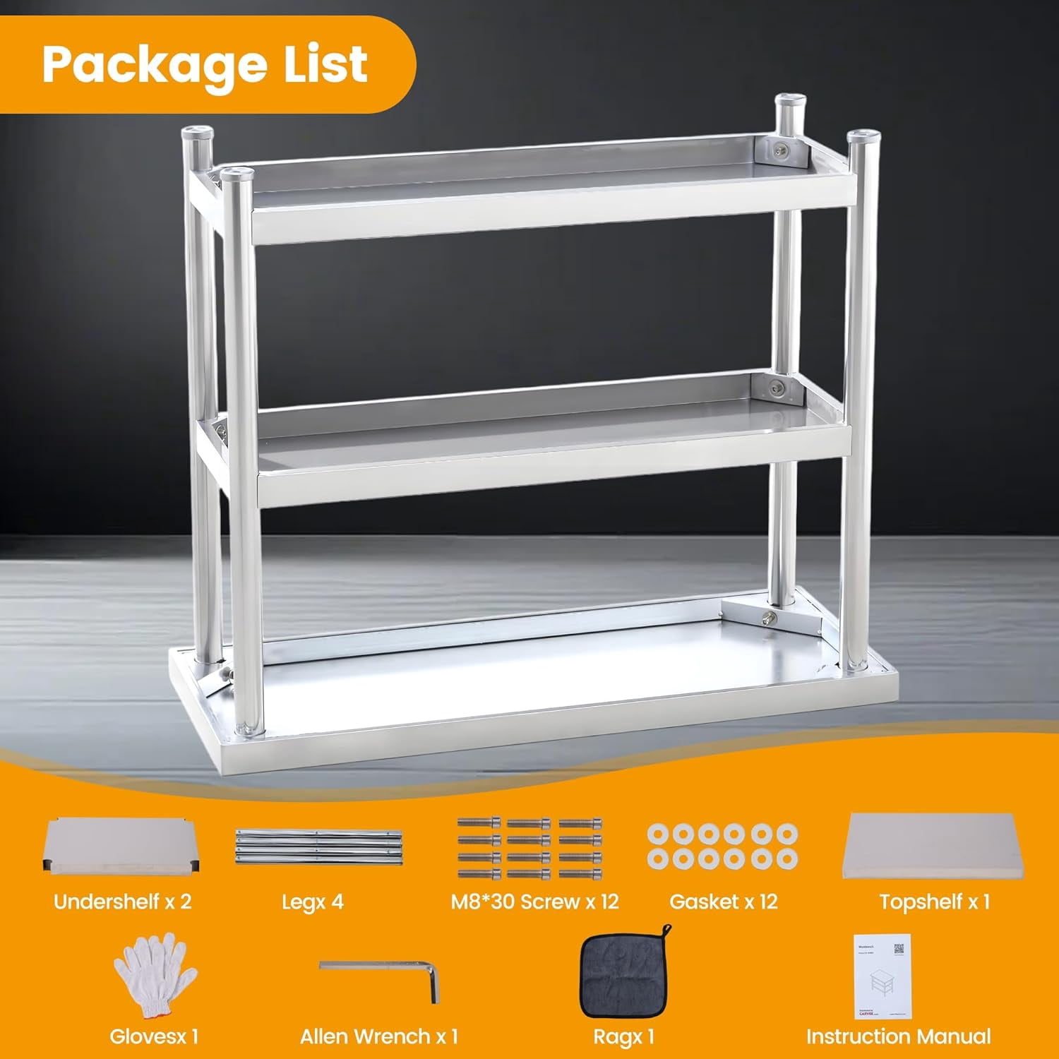 3-Tier Stainless Steel Commercial Worktable with Wheels, 18