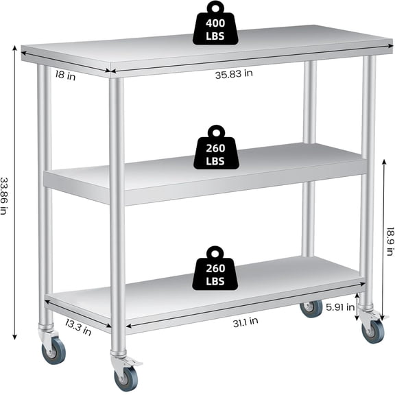 3-Tier Stainless Steel Commercial Worktable with Wheels, 18"×36"×34" Heavy-Duty Kitchen Prep Station & Storage Table, Adjustable Leveling Feet, Multi-Use for BBQ, Kitchen, Home, Garage