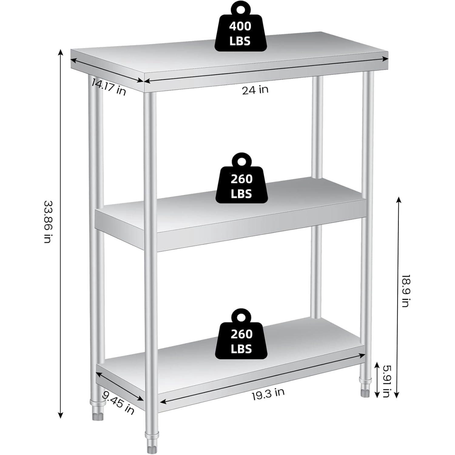 3-Tier Stainless Steel Commercial Worktable with Wheels, 18