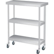 3-Tier Stainless Steel Commercial Worktable with Wheels, 18" 36" 34" Heavy-Duty Kitchen Prep Station & Storage Table, Adjustable Leveling Feet, Multi-Use for BBQ, Kitchen, Home, Garage