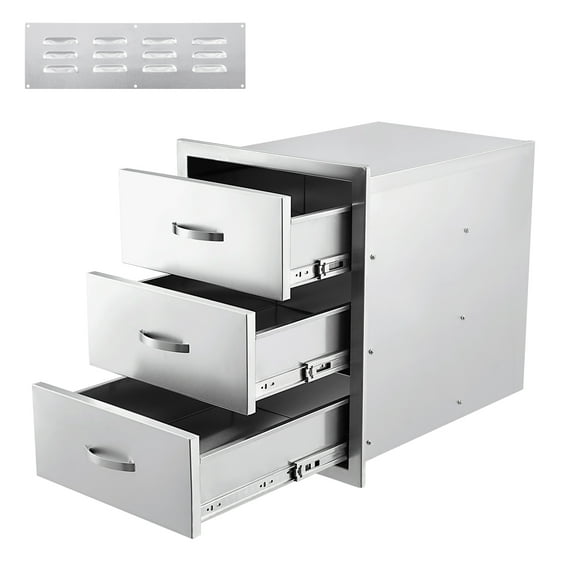 3-Tier Stainless Steel Drawer,Oudoor Kitchen Drawers,Triple Storage Drawers With Ventilation Panel,Flush Mount Drawers With Handle, BBQ Island Drawers for Outdoor Kitchens Grill Station