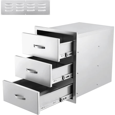 3-Tier Stainless Steel Drawer,Oudoor Kitchen Drawers,Triple Storage Drawers with Ventilation Panel,Flush Mount Drawers with Handle, BBQ Island Drawers for Outdoor Kitchens Grill Station