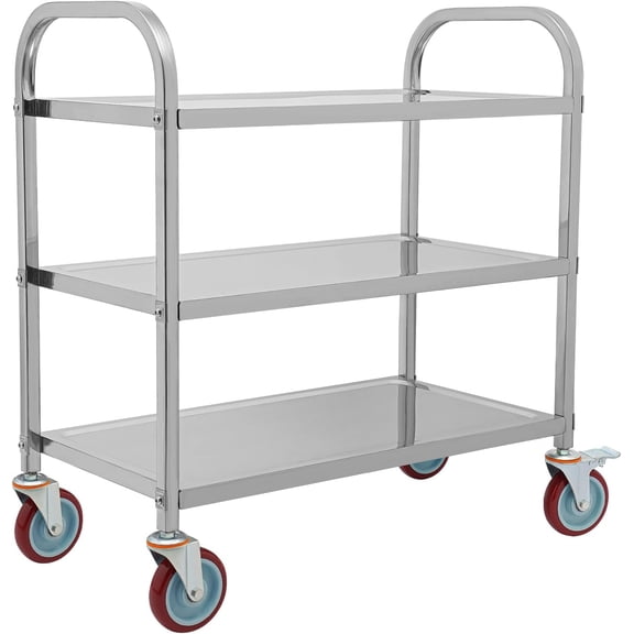 3 Tier Stainless Steel Kitchen Trolley Cart,Heavy Duty Food Service Cart with Handle,Rolling Utility Kitchen Storage Cart,Restaurant Catering Hotel Home,300LBS Load Capacity