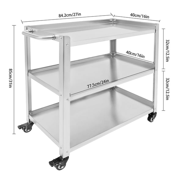 3 Tier Stainless Steel Kitchen Trolley Cart Utility Serving Storage Rolling Cart