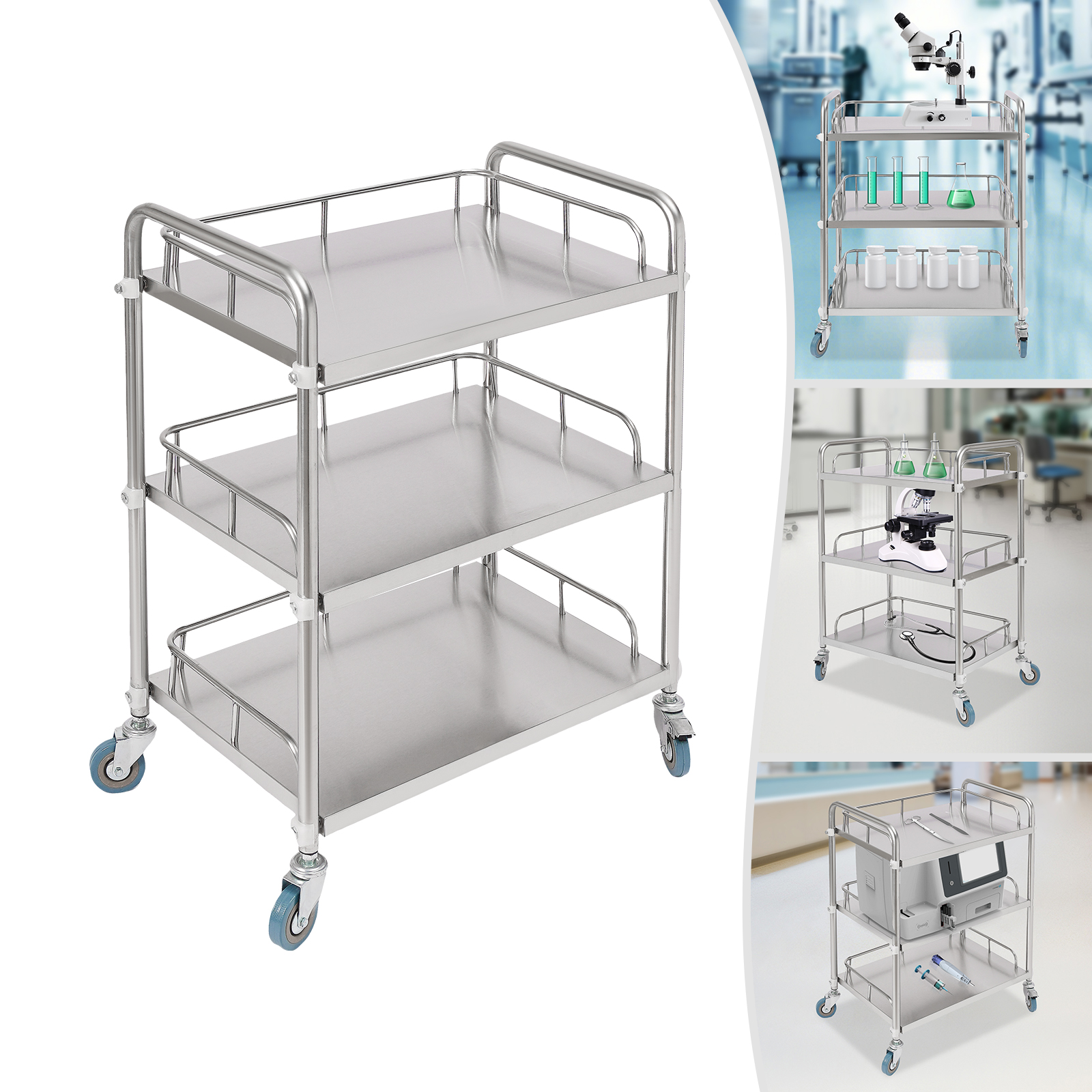 3Tier Stainless Steel Lab Cart, Mobile Rolling Lab Utility Cart, Serving Cart 26x15.4x 33.5