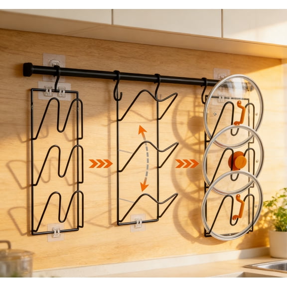 3-Tier Stainless Steel Pot Lid Organizer - Wall-Mounted & Cabinet Door Hanger, No Drilling Rustproof Storage Rack, Perfect for Cutting Boards & Kitchen Lids, 1pc