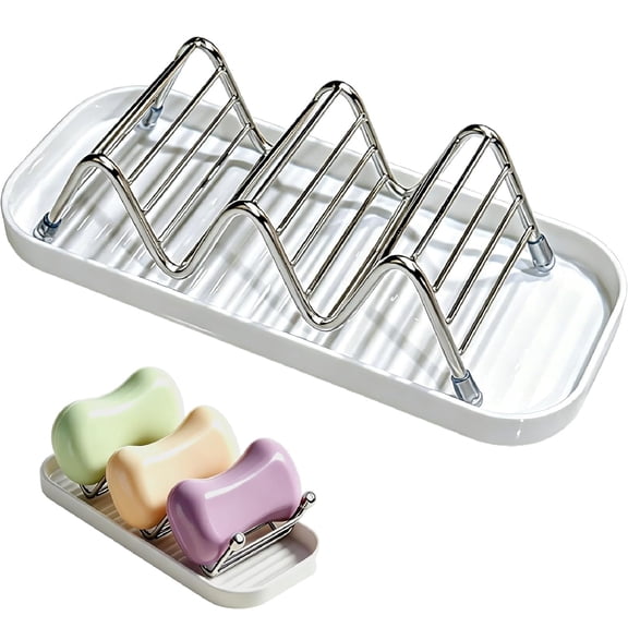 3-Tier Stainless Steel Soap Holder with Drain Tray, Rustproof Soap Saver Rack for Shower, Bathroom, Kitchen Sink, Keep Dry & Extend Life, Countertop Soap Organizer(White#2)