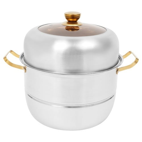 3-Tier Stainless Steel Steam Cooker w/Visual Lid & Golden Handles, Home Round Stackable Multipurpose Steam Pot for All Stoves for Families, Restaurants, Hotels