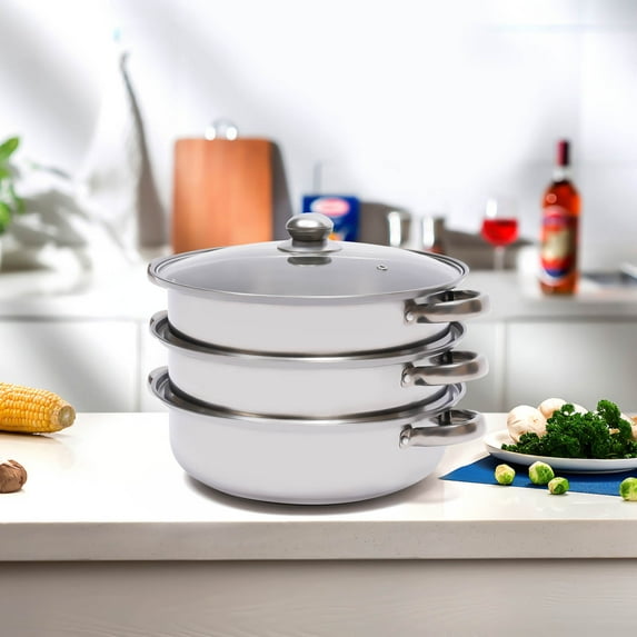 3-Tier Stainless Steel Steamer 12.8in Cooking Steam Pot Silver Multi-layer Food Steamer Pot with Transparent Lid, Encrypted Steaming Holes Ideal for Steaming Various foods on the Top Tier