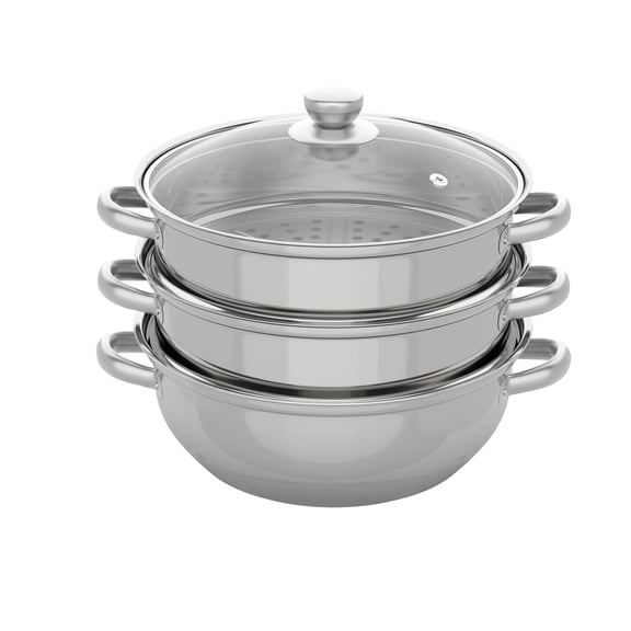 3 Tier Stainless Steel Steamer 28cm Large Capacity - Induction Compatible Steamer Pot with Glass Lid, Triple Layer Food Steamer for Vegetables Seafood Dumplings - Dishwasher Safe