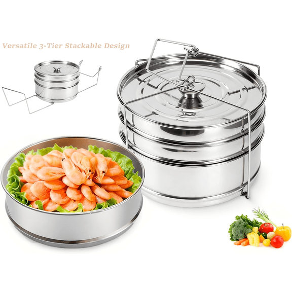 3 Tier Stainless Steel Steamer,Stainless Steel Steam Basket Large Capacity Stackable Round Food Pan,Stackable Insert Pans Instant Pot Accessories for Most PotsSilver