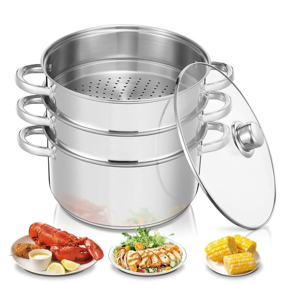 3-Tier Stainless Steel Steamer Pot, 8.5QT Multi-Function Stock Pot with Tempered Glass Lid,  Stackable, Compatible with Induction Gas Stove, FOHERE
